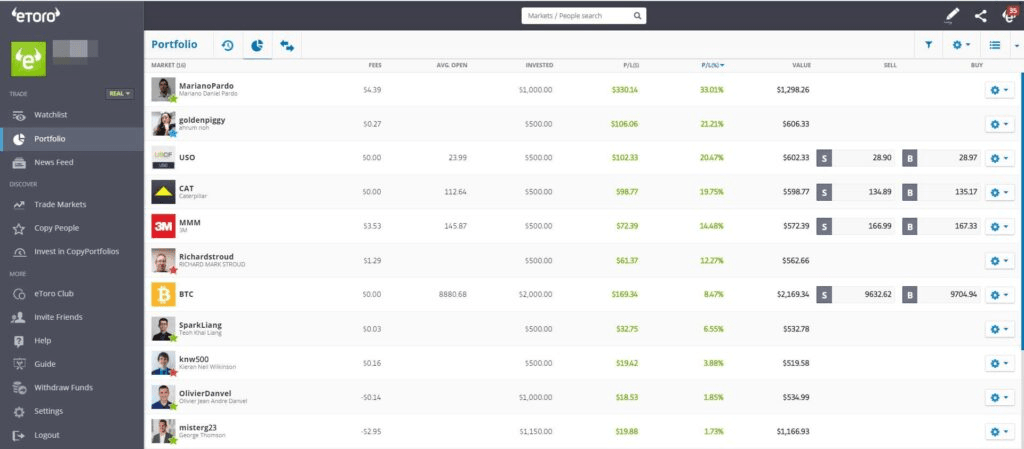 Platforma eToro v prohlížeči