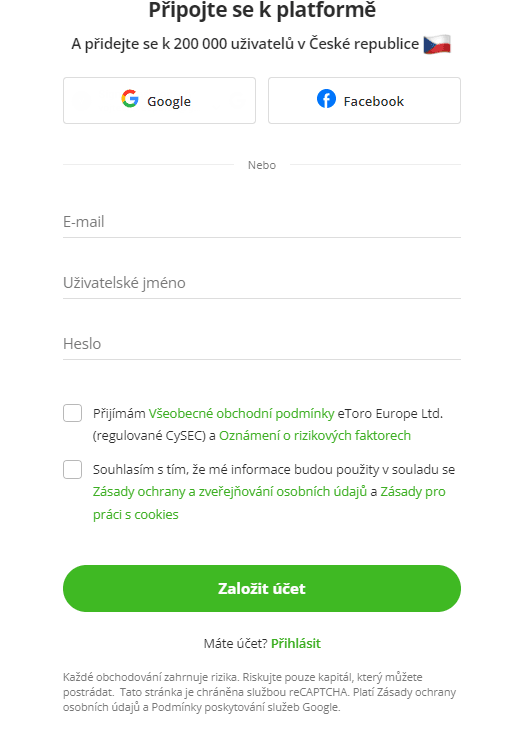 Snímek obrazovky 1: Otevření účtu u eToro a zahájení copytradingu