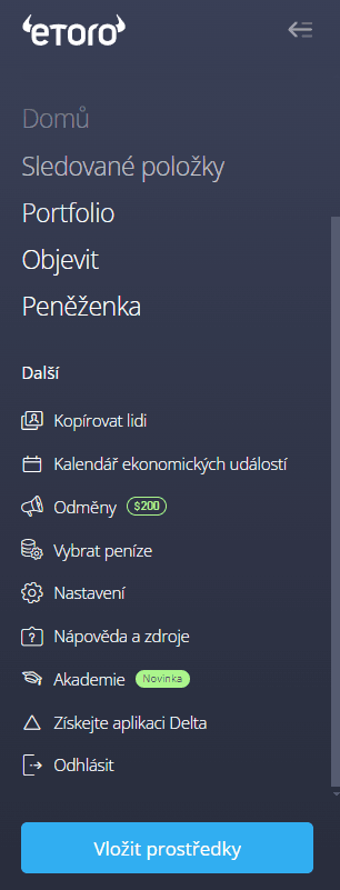 Snímek obrazovky 2: Vkládání prostředků na eToro