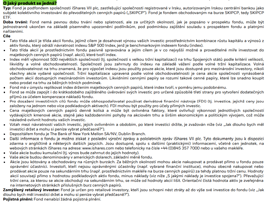 Kiid dokument, cíle: iShares Core S&P 500 ETF USD Acc