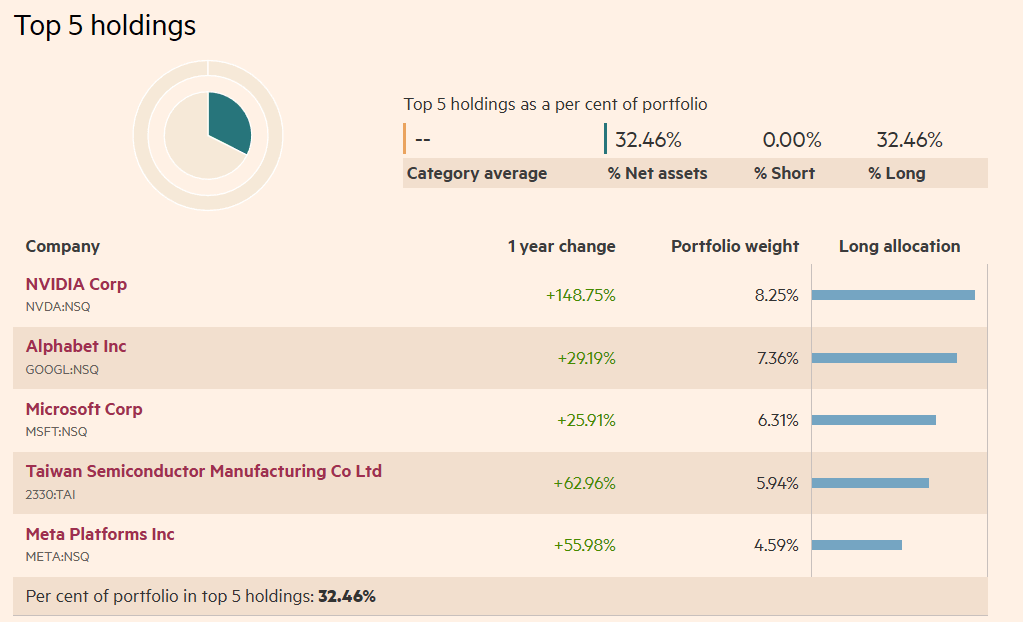 Top 5 pozic fondu: DWS Artificial Intelligence, Zdroj: Financial Markets