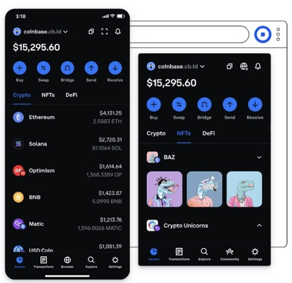 Peněženka Coinbase v mobilní verzi a rozšíření pro Google Chrome.