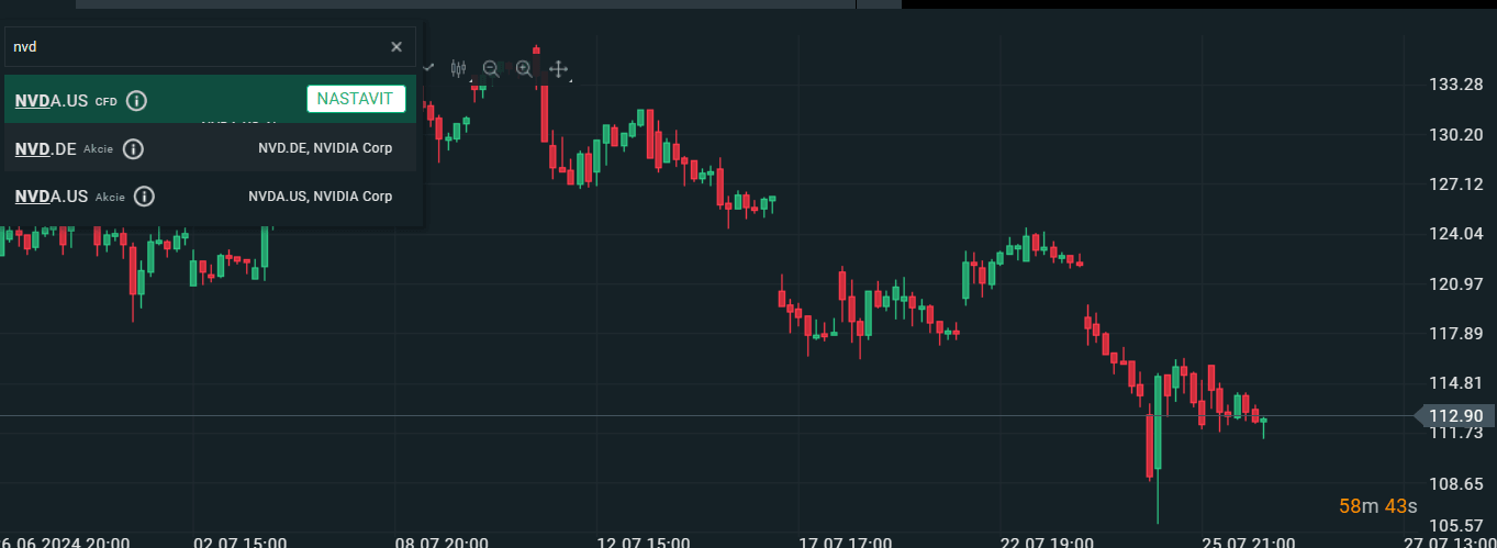 Vyhledávání společnosti NVIDA na platformě xStation 5
