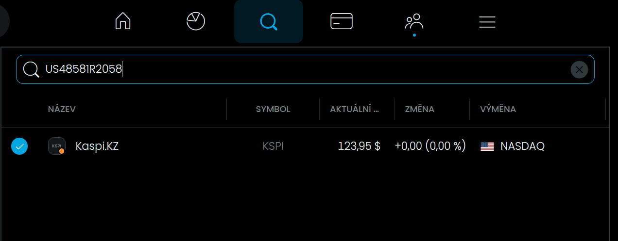 Vyhledávání akcie Kaspi u brokera Trading 212