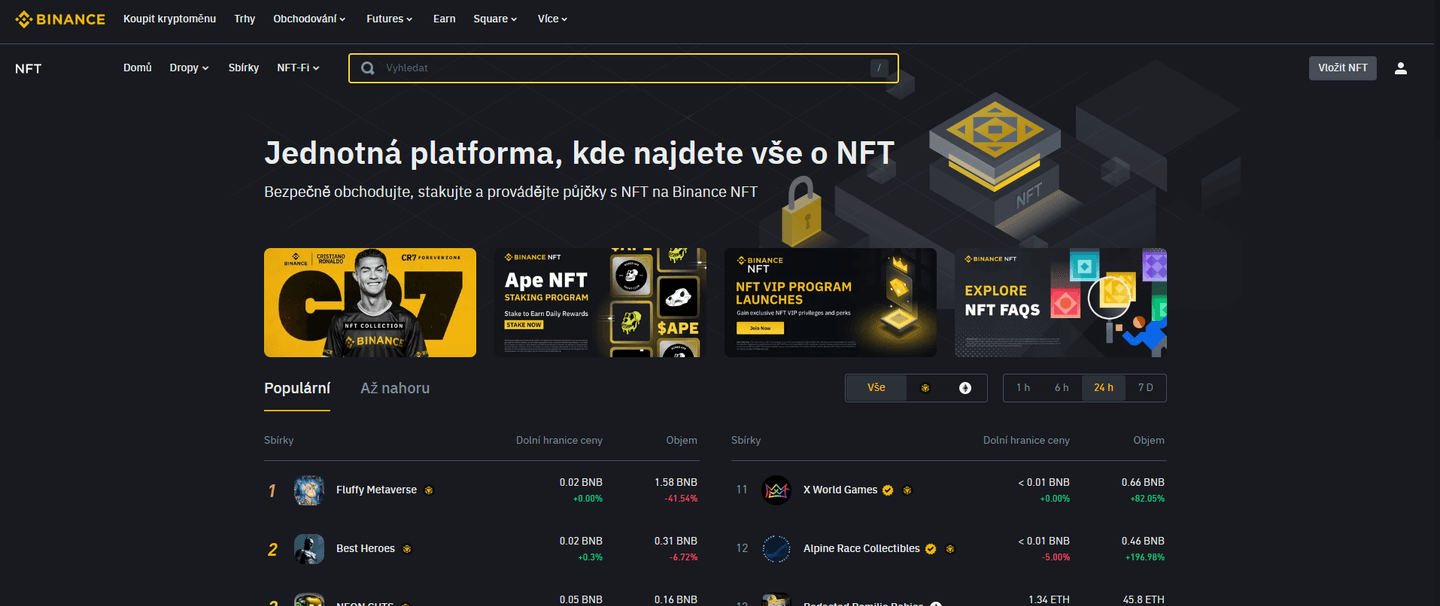 Binance NFT tržiště - rozhraní