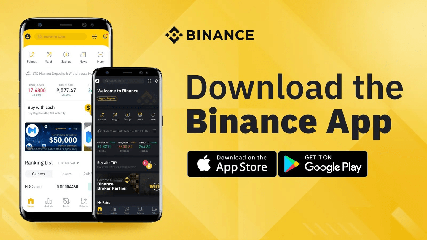Binance aplikace a její rozhraní na žlutém pozadí, k dispozici pro iOS i Android