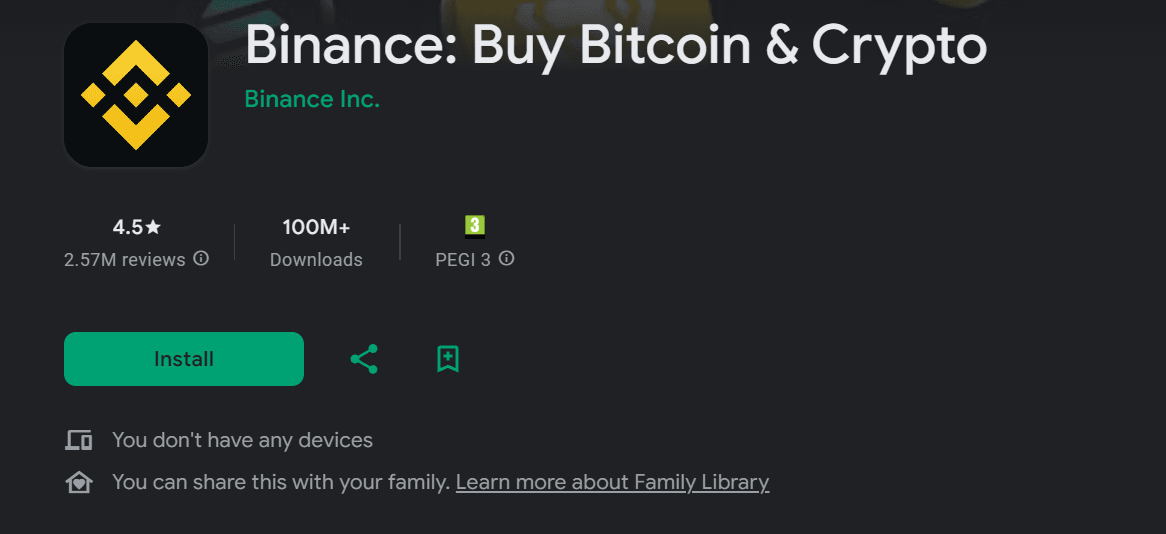 Binance hodnocení na Google Play - 4,6 hvězdiček