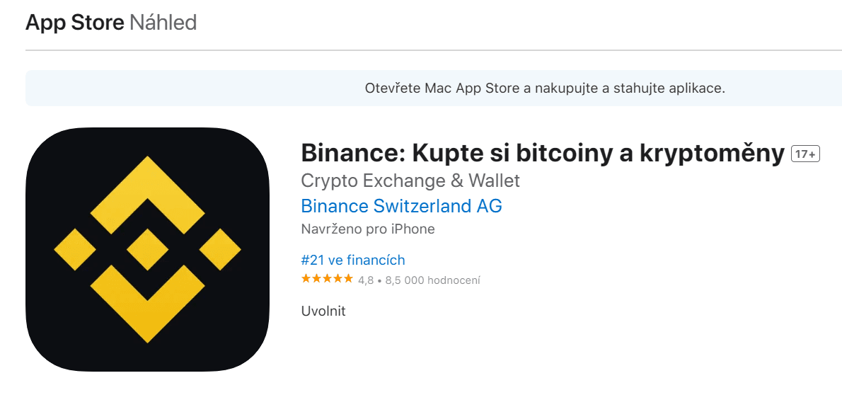 Binance hodnocení na App Store - 4,8 hvězdiček z 5 ti