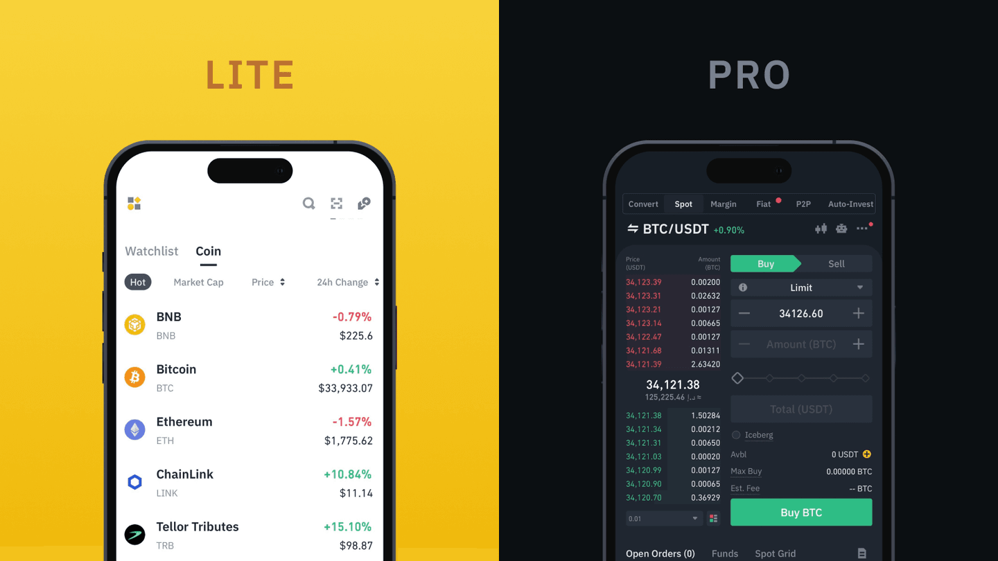 Binance Lite vs Binance Pro - rozhraní platformy kryptoburzy