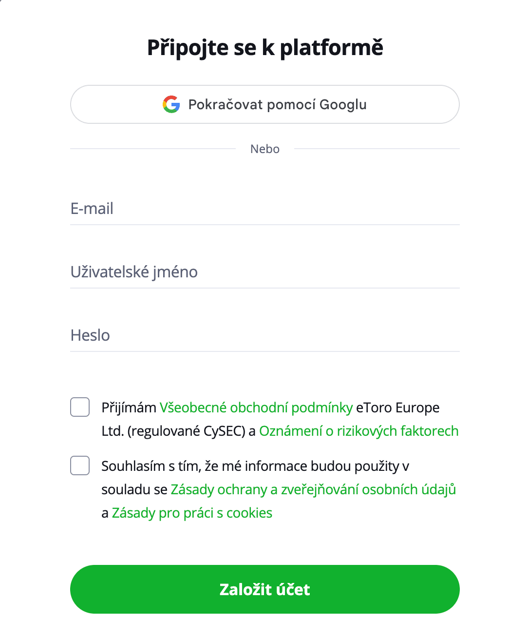 Vytvořit účet na eToro