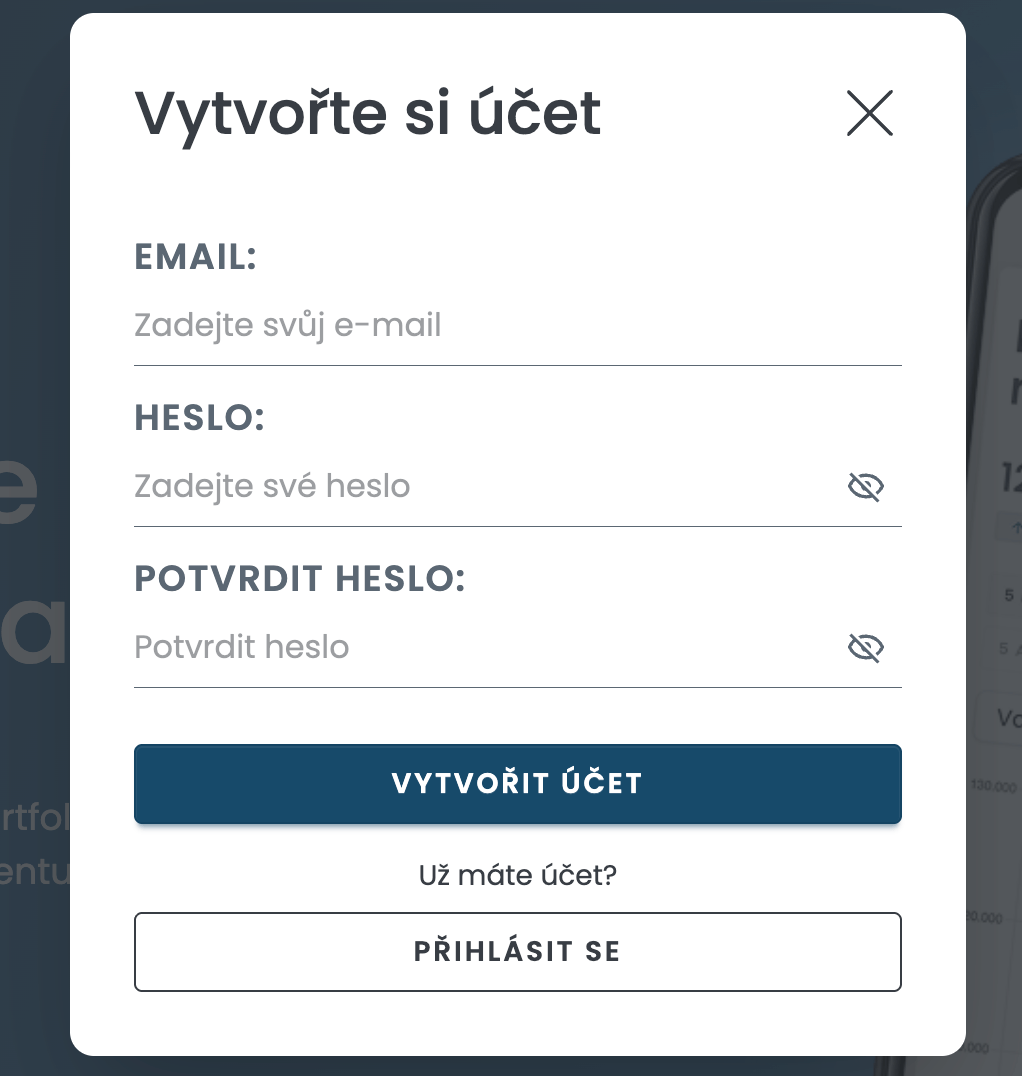 MyPortfolio - vytvoření účtu